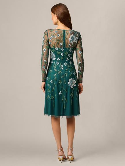 Adrianna Papell Floral Beaded Mesh Midi Dress, Gem Green - view 2, Gem Green