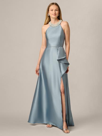 Adrianna Papell Faux Pearl Embellished Mikado Gown, Icy Opaline, Icy Opaline