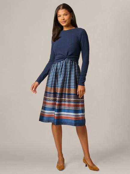 Adrianna Papell Amelia Knit Print Combo Dress, Navy/Mustard, Navy/Mustard