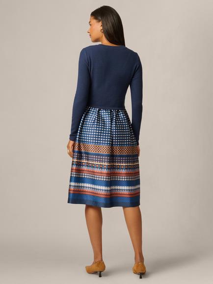 Adrianna Papell Amelia Knit Print Combo Dress, Navy/Mustard - view 2, Navy/Mustard