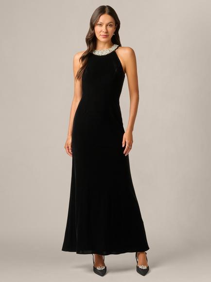 Adrianna Papell Petite Studio Beaded Halter Velvet Gown, Black, Black