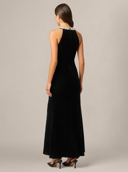 Adrianna Papell Petite Studio Beaded Halter Velvet Gown, Black - view 2, Black