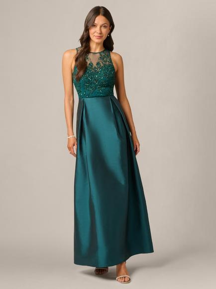 Adrianna Papell Studio Beaded Combo Taffeta Maxi Dress, Gem Green, Gem Green