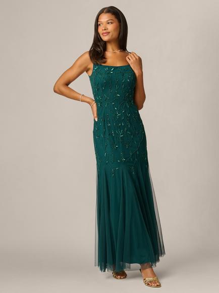 Adrianna Papell Studio Beaded Mesh Maxi Dress, Gem Green, Gem Green