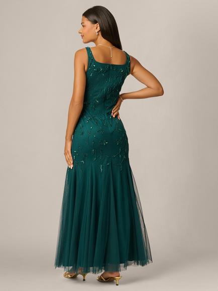 Adrianna Papell Studio Beaded Mesh Maxi Dress, Gem Green - view 2, Gem Green