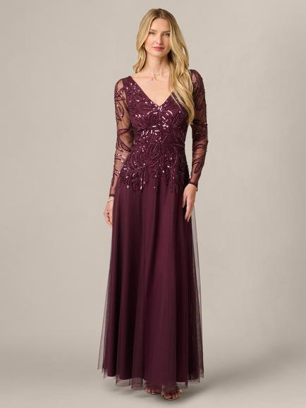 Adrianna Papell Studio Beaded V Neck Maxi Dress, Night Plum, Night Plum