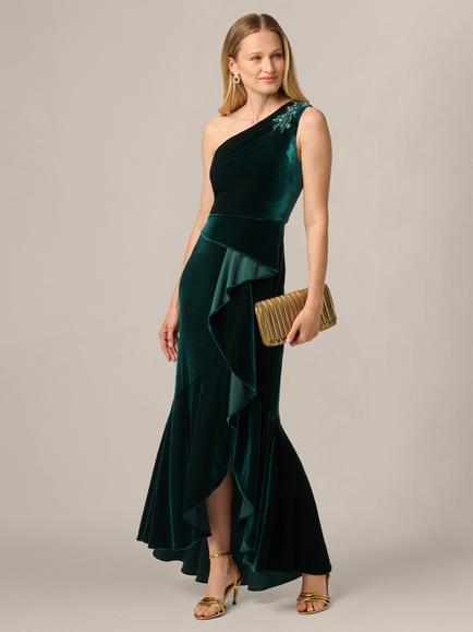 Adrianna Papell Studio One Shoulder Velvet Dress, Hunter, Hunter