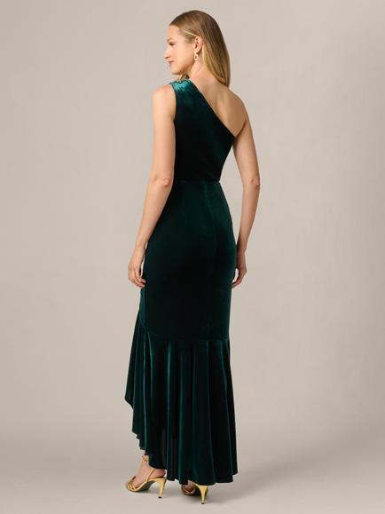Adrianna Papell Studio One Shoulder Velvet Dress, Hunter - view 2, Hunter