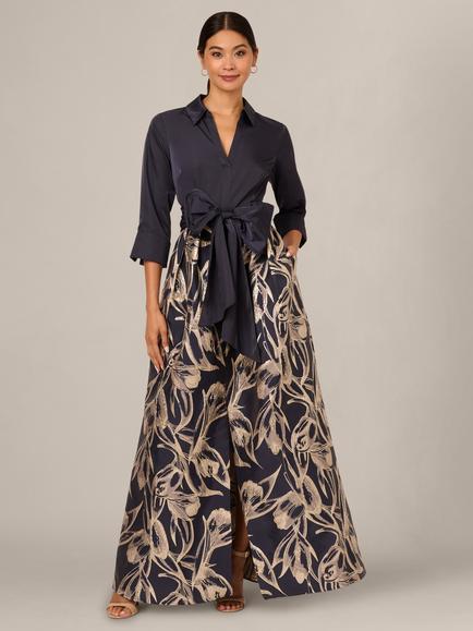 Adrianna Papell Studio Shirt Jacquard Maxi Dress, Navy/Gold Multi, Navy/Gold Multi