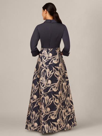 Adrianna Papell Studio Shirt Jacquard Maxi Dress, Navy/Gold Multi - view 2, Navy/Gold Multi