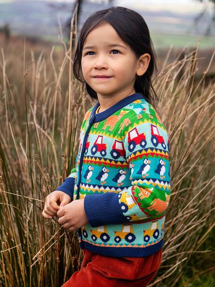 Frugi Baby Robyn Fair Isle Cardigan, Blue/Multi - view 2, Blue/Multi