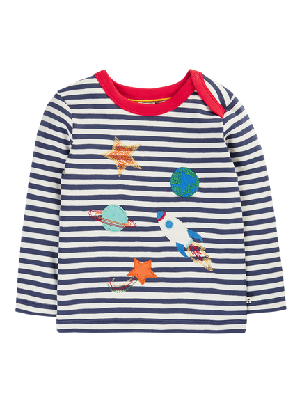 Frugi Kids' Orion Applique Long Sleeve Top, Navy Stripe/Space, Navy Stripe/Space