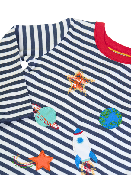 Frugi Kids' Orion Applique Long Sleeve Top, Navy Stripe/Space - view 2, Navy Stripe/Space