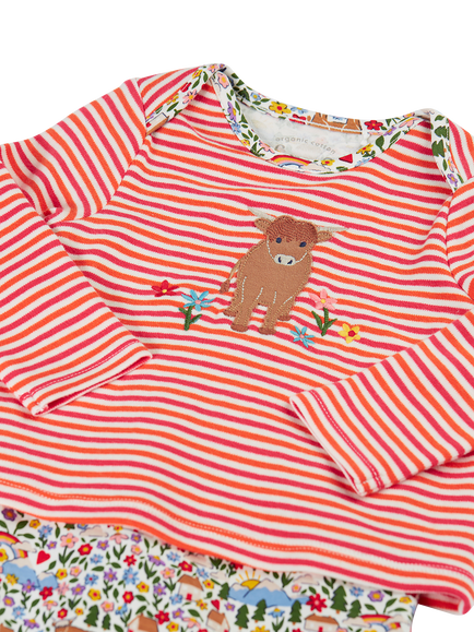 Frugi Baby Brooke Highland Cow Babygrow, Multi - view 2, Multi