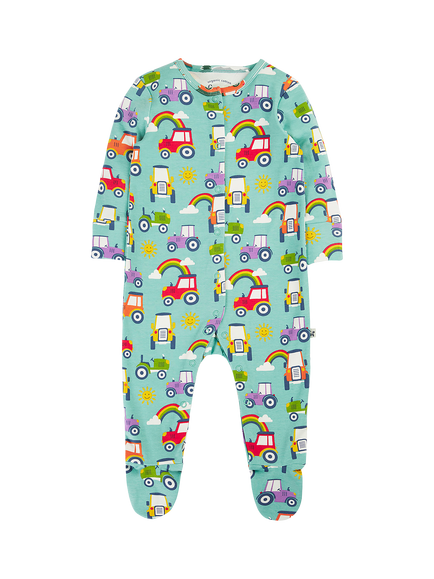 Frugi Baby Rainbow Vehicles Long Sleeve Cotton Babygrow, Blue Multi, Blue Multi