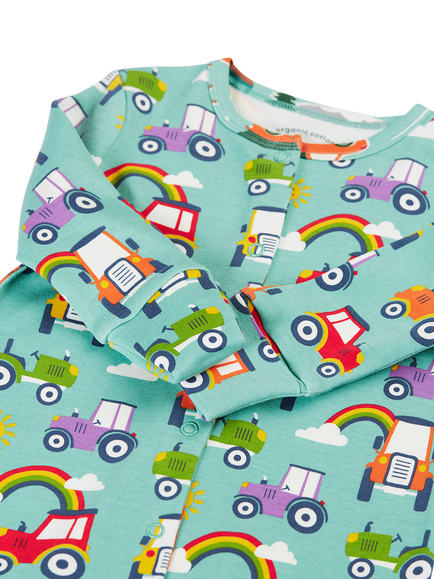 Frugi Baby Rainbow Vehicles Long Sleeve Cotton Babygrow, Blue Multi - view 2, Blue Multi