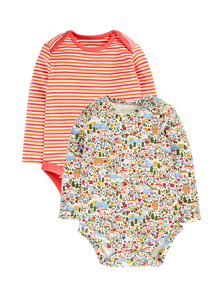 Frugi Baby Super Special Envelope Neck Floral/Stripe Bodysuit, Pack of 2, Multi, Multi
