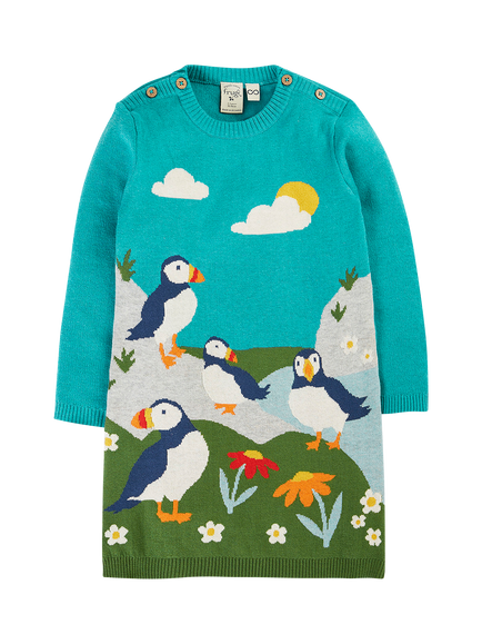 Frugi Baby Kiera Knit Dress, Blue, Blue Multi