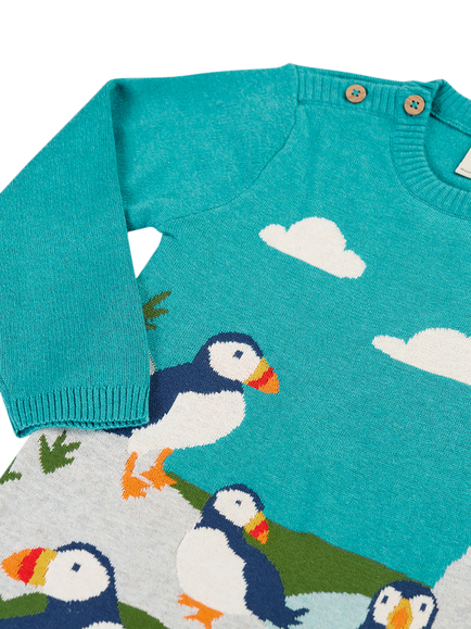 Frugi Baby Kiera Knit Dress, Blue - view 2, Blue Multi
