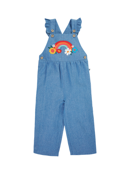 Frugi Baby Mia Denim Dungarees, Denim/Rainbow, Denim/Rainbow