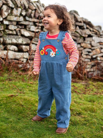 Frugi Baby Mia Denim Dungarees, Denim/Rainbow - view 2, Denim/Rainbow