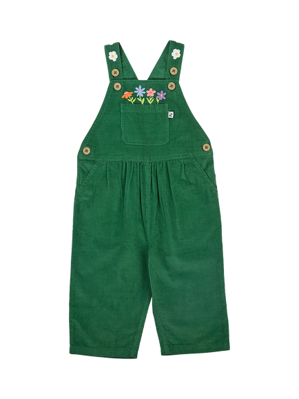 Frugi Baby Miley Cord Dungarees, Green, Holly Green/Flowers