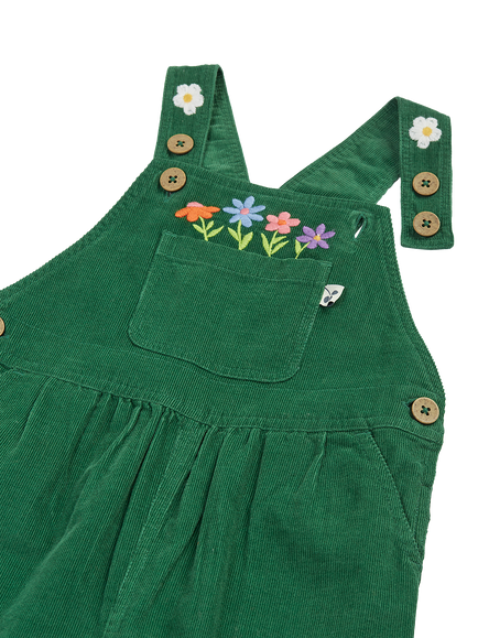 Frugi Baby Miley Cord Dungarees, Green - view 2, Holly Green/Flowers