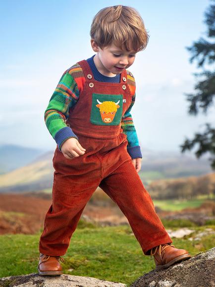 Frugi Baby Sebby Cord Dungarees, Brown Multi - view 2, Brown Multi