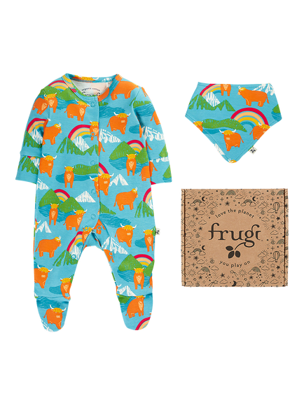 Frugi Baby Lovely Babygrow and Bib Gift Set, Blue, Blue Multi