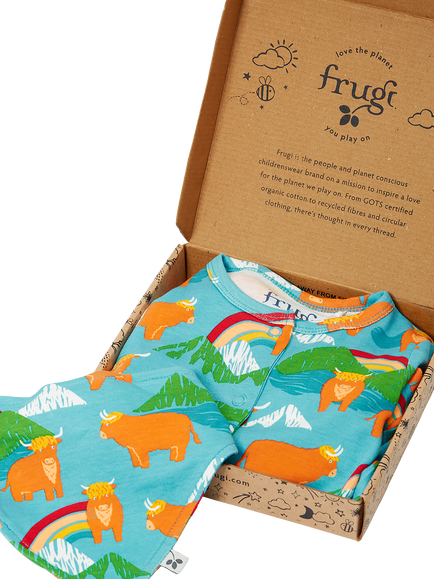 Frugi Baby Lovely Babygrow and Bib Gift Set, Blue - view 2, Blue Multi