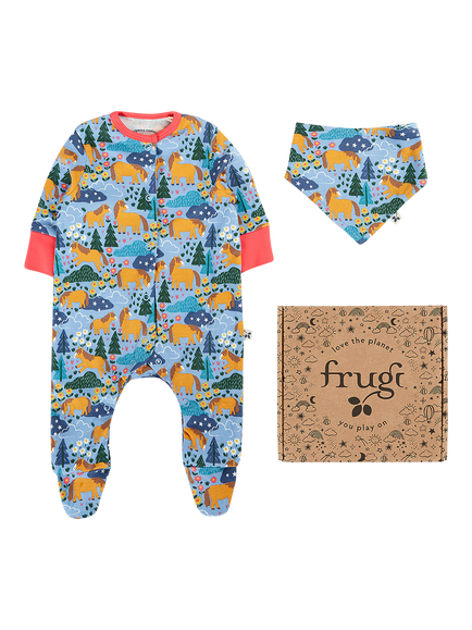 Frugi Baby Lovely Babygrow and Bib Gift Set, Blue, Blue Multi