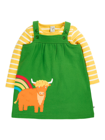 Frugi Baby Pippa Pinafore Dress Set, Palm/Highland Cow