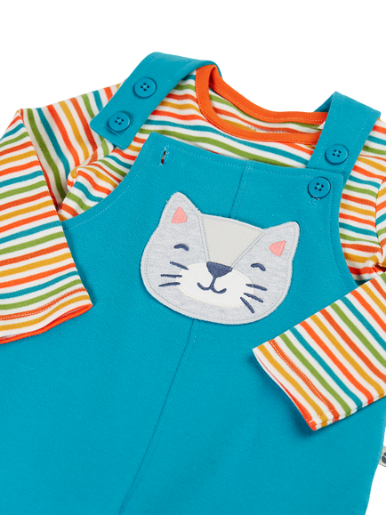 Frugi Baby Ruan fleece Dungaree Set, Blue Multi - view 2, Blue Multi