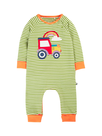 Frugi Baby Rowan Tractor Applique Romper, Green Multi, Green Multi