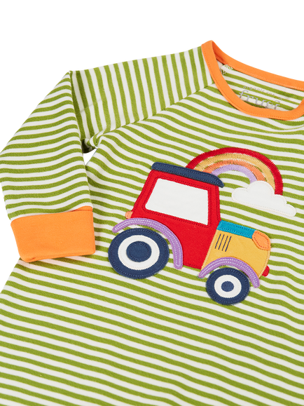 Frugi Baby Rowan Tractor Applique Romper, Green Multi - view 2, Green Multi
