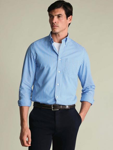 Charles Tyrwhitt Button Down Stripe Cotton Poplin Shirt, Ocean Blue, Ocean Blue