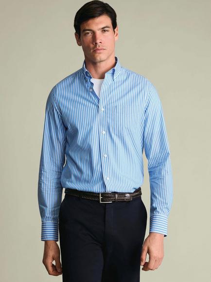 Charles Tyrwhitt Button Down Stripe Cotton Poplin Shirt, Ocean Blue - view 2, Ocean Blue