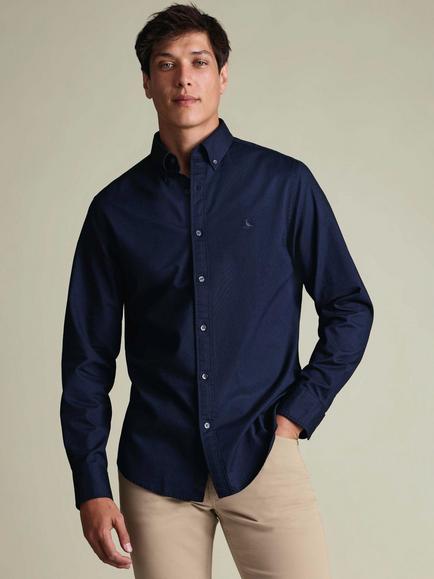 Charles Tyrwhitt Button Down Cotton Shirt, Dark Blue - view 2, Dark Blue