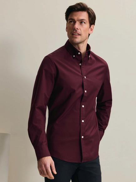 Charles Tyrwhitt Button Down Cotton Shirt, Burgundy Red - view 2, Burgundy Red