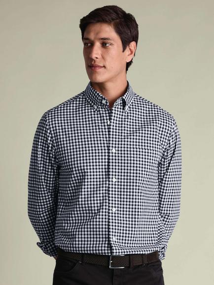 Charles Tyrwhitt Button Down Check Cotton Poplin Shirt, Dark Navy - view 2, Dark Navy
