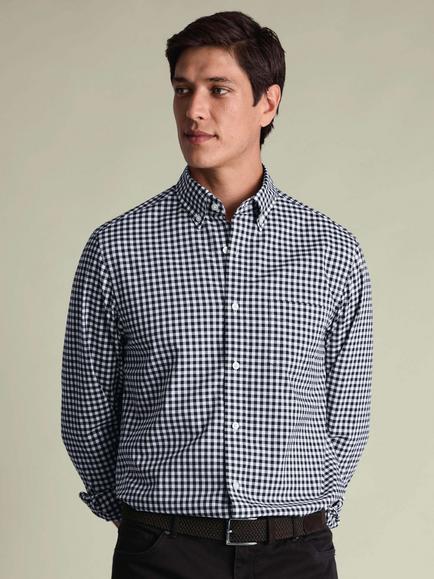 Charles Tyrwhitt Slim Fit Button Down Check Cotton Poplin Shirt, Dark Navy - view 2, Dark Navy