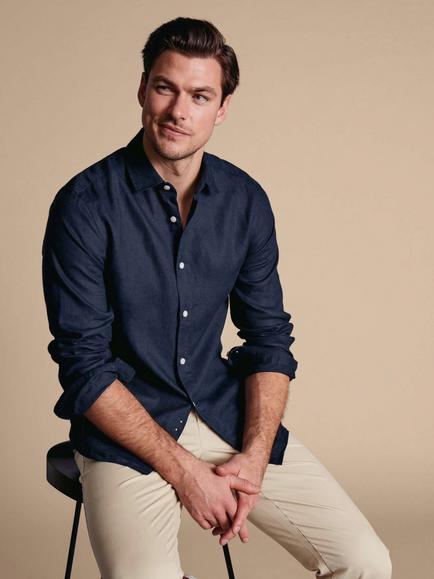 Charles Tyrwhitt Linen Slim Fit Shirt, Navy - view 2, Navy