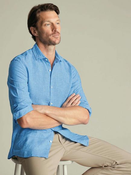 Charles Tyrwhitt Linen Slim Fit Shirt, Ocean Blue - view 2, Ocean Blue