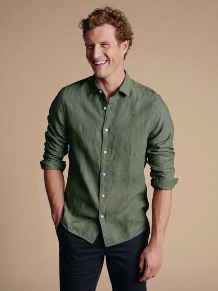 Charles Tyrwhitt Linen Slim Fit Shirt, Olive Green - view 2, Olive Green
