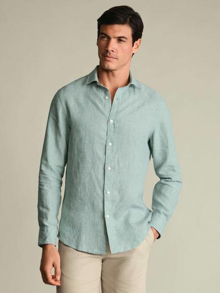 Charles Tyrwhitt Linen Slim Fit Shirt, Teal Green, Pale Teal Green