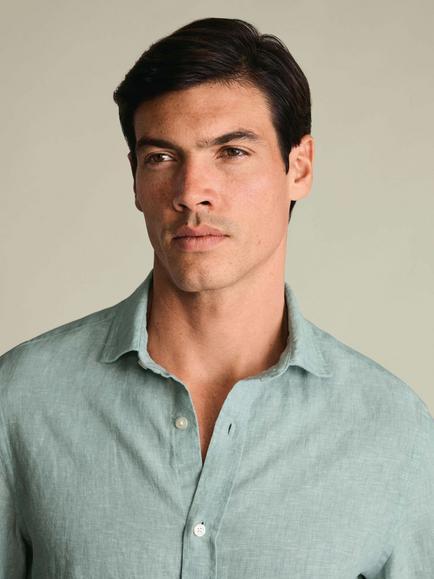 Charles Tyrwhitt Linen Slim Fit Shirt, Teal Green - view 2, Pale Teal Green