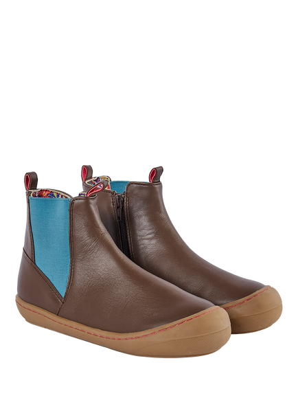 Frugi Kids' Ravine Easy-On Leather Boots, Brown/Blue, Brown/Blue