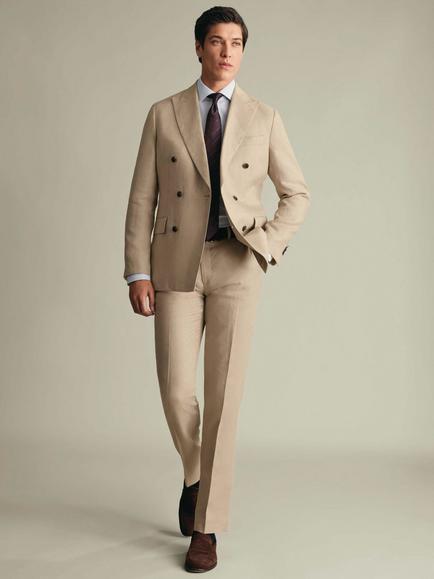 Charles Tyrwhitt Slim Fit Double Breasted Linen Blazer, Taupe - view 2, Taupe