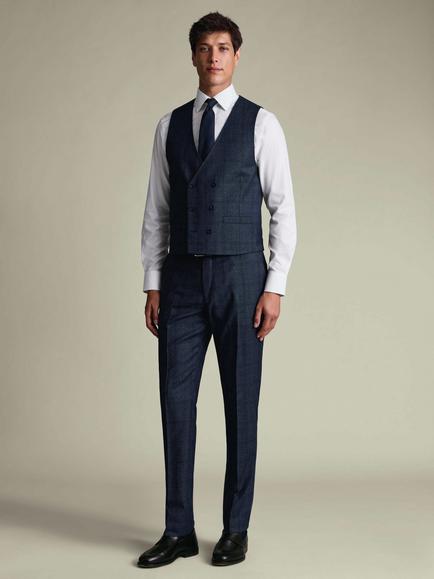 Charles Tyrwhitt Double Breasted Check Ultimate Performance Wool Waistcoat, Steel Blue, Steel Blue