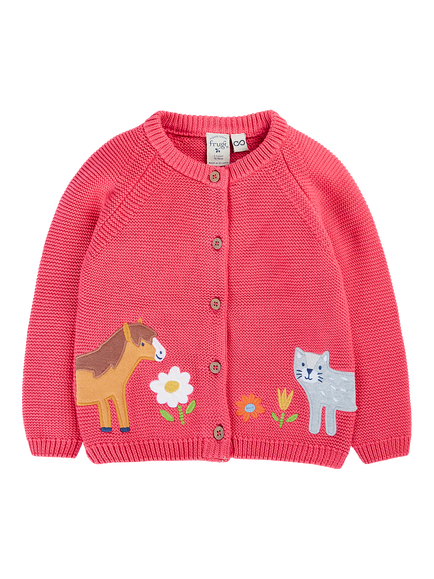 Frugi Kids' Colby Knitted Appliqué Cardigan, Rhubarb, Rhubarb